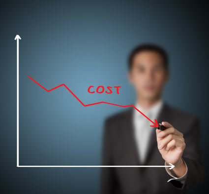 Businessman draws graph of product cost reduction derived from collective buying.
