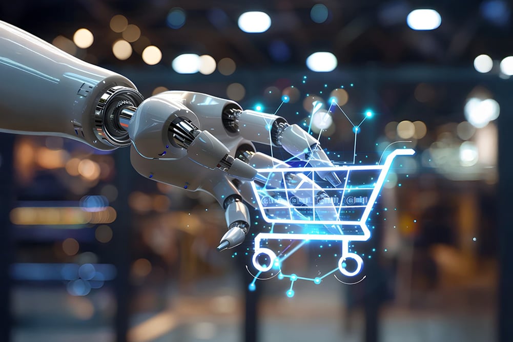 Cognitive procurement concept showing AI-powered robotic hand managing intelligent procurement and AI sourcing through digital shopping cart technology