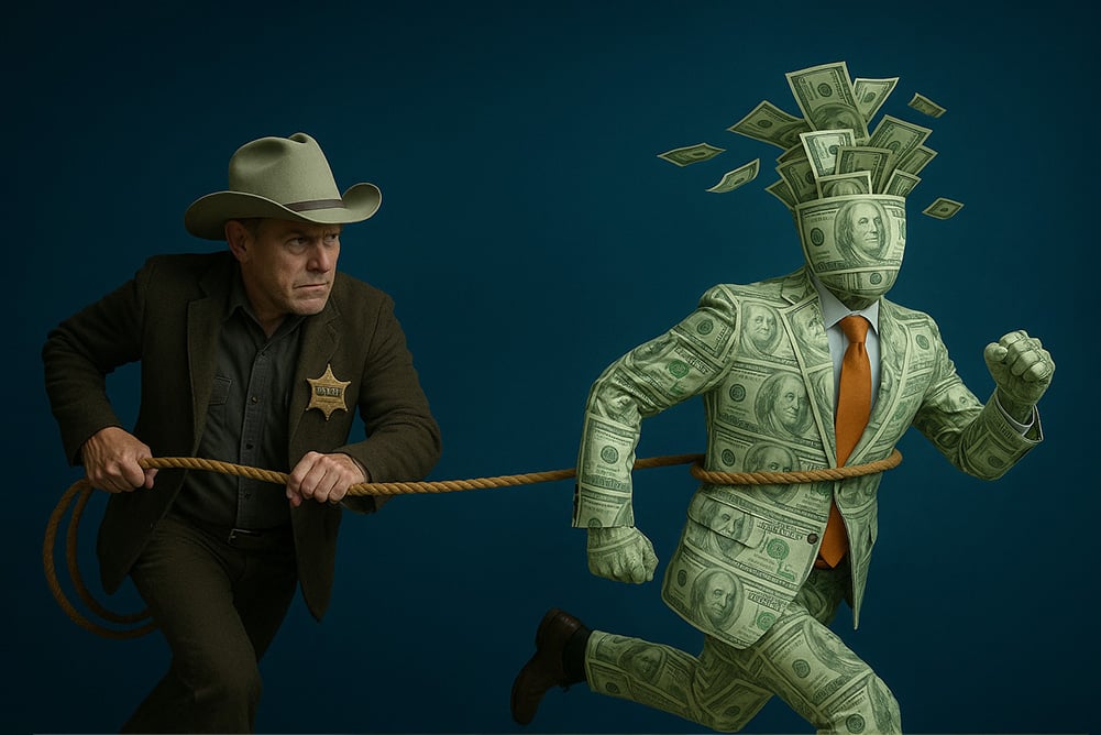 A sheriff roping a man made of dollar bills who is running away, symbolizing efforts to control maverick spending and enforce procurement compliance.