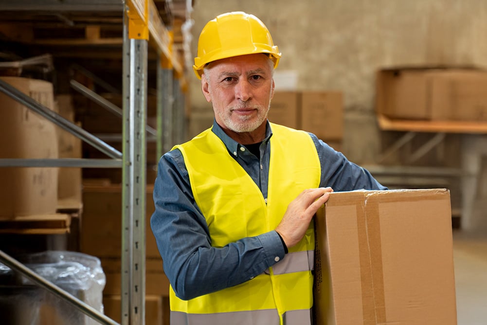Warehouse worker wearing a safety vest and hard hat holding a cardboard box prepared for standard shipping in a distribution center.